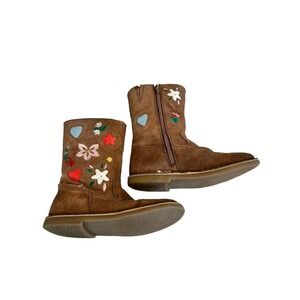 Mini Boden Girls Embroidered Lined Brown Floral  Zip UpZipper Boots 1 Size 32